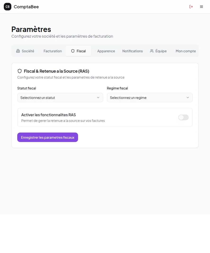 Paramètres fiscaux — TVA, RAS, mentions légales