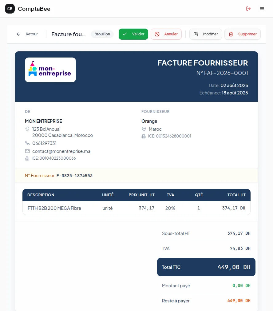 Facture fournisseur finalisée